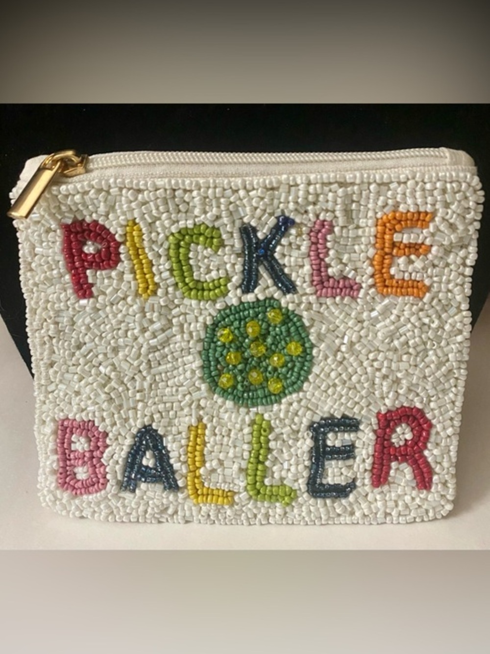New White Beaded Pouch with Multicolor Lettering  - Pickle Baller